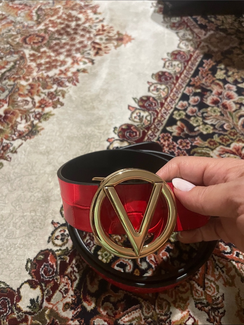 Mario Valentino Red Patent Leather Belt with Gold V Buckle